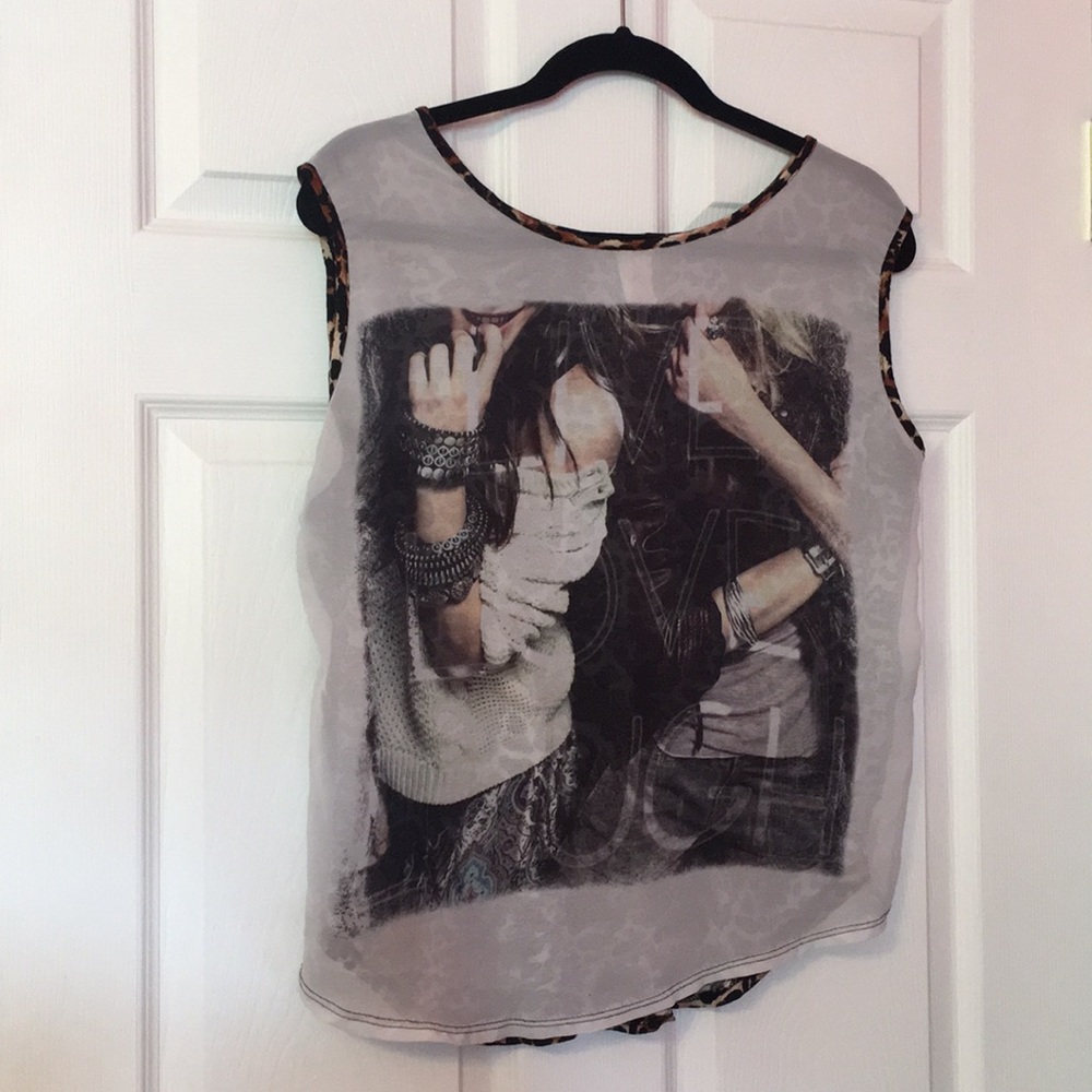 Sheer graphic print blouse with leopard print back
